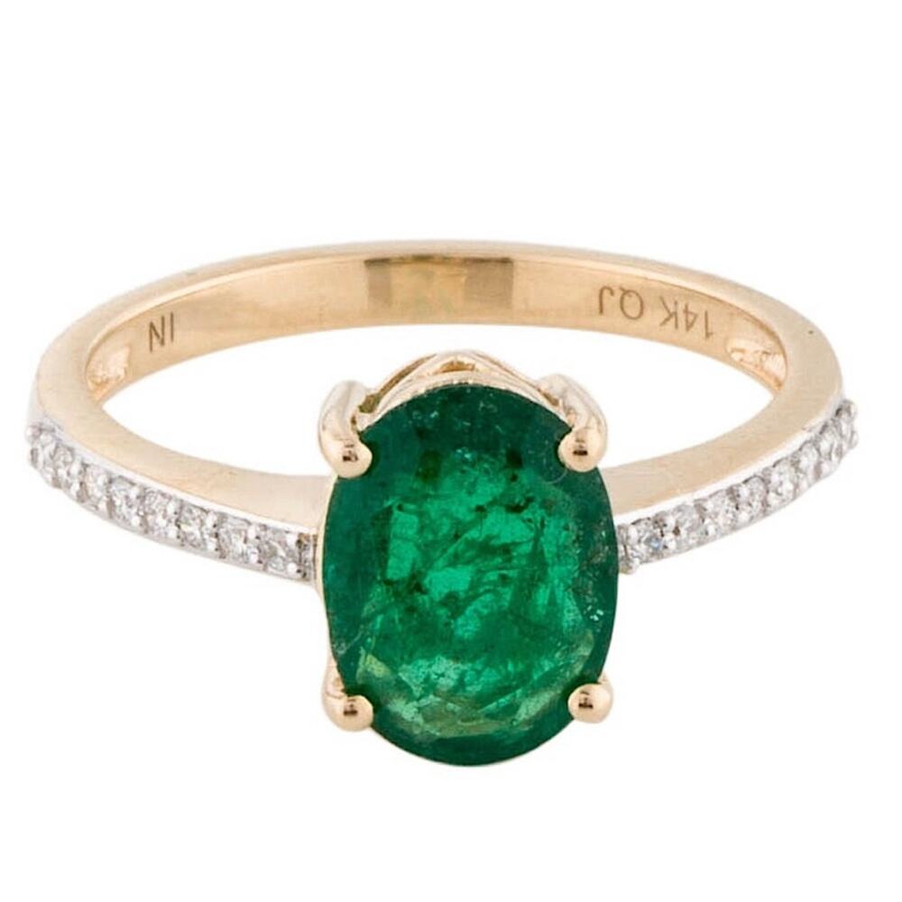 14K Yellow Gold 1.27ct Oval Emerald & 0.12 ct Diamond Cocktail Ring Size: 7 New